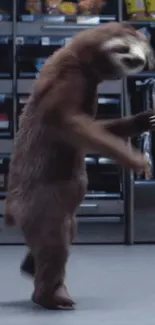 A sloth dancing in a grocery store aisle with colorful products.