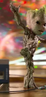 Dancing tree creature with colorful background.