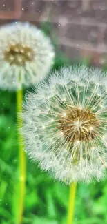 Close-up of fluffy dandelions against a green background with blurred bricks.