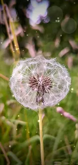 Delicate dandelion against a lush green background, perfect for mobile wallpaper.