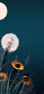 Dandelions and flowers on a teal background.