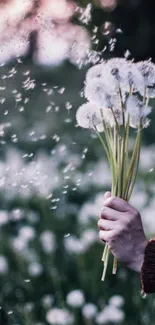 A peaceful scene of a hand holding dandelions against a green field.