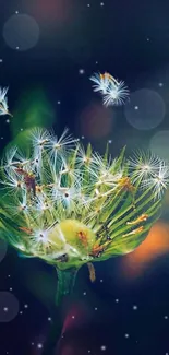 Ethereal dandelion with seeds floating on a dark background.