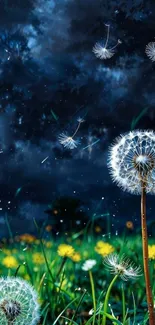 Dandelion seeds against a night sky.