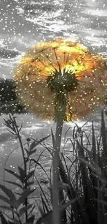 Dandelion backlit by sunset over reflective lake.