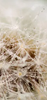 Close-up of dandelion with water droplets on beige background.