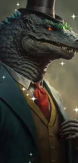 Dapper dinosaur in suit and top hat wallpaper.