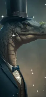 Dinosaur wearing a suit and top hat on a mobile wallpaper.