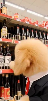 Dog in a suit browsing bottles in a store aisle.
