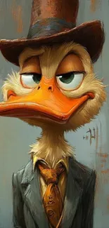 Whimsical dapper duck in suit and hat illustration.