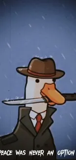 Duck in detective attire with knife, blue background.