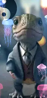 Lizard in a suit with jellyfish and a yin-yang symbol background.