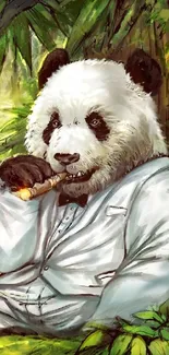 Panda in a suit smoking a cigar surrounded by jungle foliage.