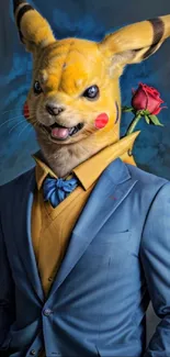 Dapper Pikachu wearing a blue suit and holding a red rose.