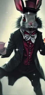 Whimsical rabbit in a suit and top hat holding teacups.