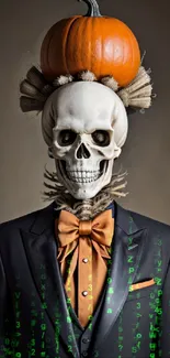 Skeleton in a suit with a pumpkin head, blending Halloween style.