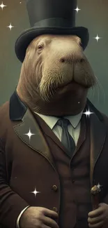 Walrus in Victorian suit with top hat, artistic style.