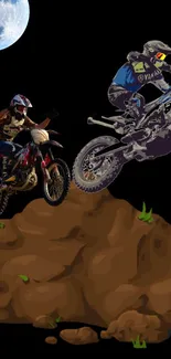 Two dirt bikers performing stunts at night with a moonlit sky backdrop.