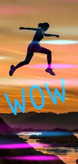 Silhouette of a person leaping between rocks at sunset with WOW text.