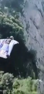 Wingsuit flier descends past a rocky cliff wall with trees below.