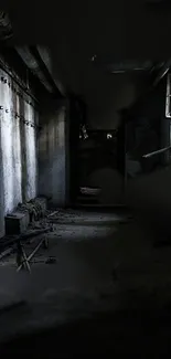 Dark abandoned building corridor wallpaper with eerie ambiance.