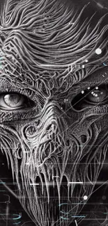 Dark abstract alien face with intricate designs in monochrome tones.