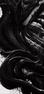 Dark abstract art with black swirling patterns.