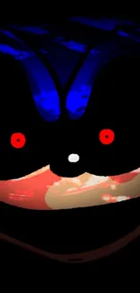 Dark abstract face with red eyes and blue highlights on black background.