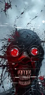 Dark abstract horror art with red-eyed figure and eerie background.