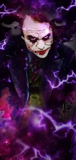 Joker-themed dark mobile wallpaper with purple lightning effects.