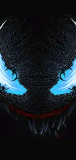 Dark abstract monster face with glowing eyes on black background.