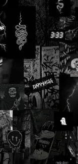 Dark aesthetic collage of graffiti and abstract designs.