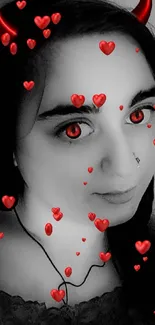 Girl with red eyes and devil horns on a dark aesthetic background.