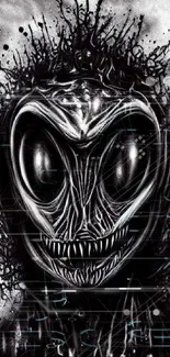 Dark alien creature with intense gaze, monochrome effect, artistic horror design.