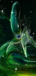 Dark green alien creature with glowing effect in sci-fi wallpaper.