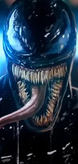 Dark alien monster with large teeth and tongue on black background.