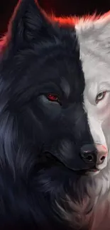 Dark and light wolf with red aura wallpaper for mobile.