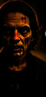 Dark portrait of a bloodied, hollow-eyed figure in low light.