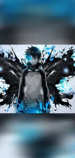 Anime character with black wings and blue accents on mobile wallpaper.