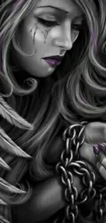 Dark angel with chains and purple accents.