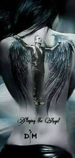 Dark angel tattoo art on a woman's back for mobile wallpaper.