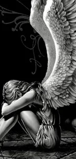 Black and white angel with wings sitting on skulls, gothic style art.