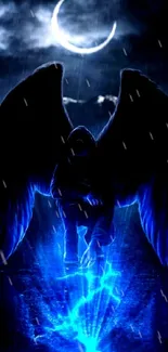 Dark angel with blue lightning under a crescent moon.