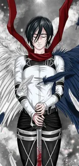 Anime character with dark and light wings holding a sword.