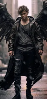 Dark angel with wings in cityscape background.