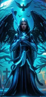 Dark angel with glowing wings in a mystical forest setting.