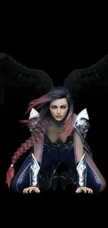 Dark angel with black wings crouching in fantasy artwork.