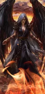 Dark angel with wings in fiery fantasy setting.