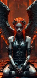 Dark angel with fiery hair and wings in a mystical fantasy setting.