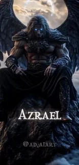 Dark angel with wings sitting on a rock, fantasy artwork.